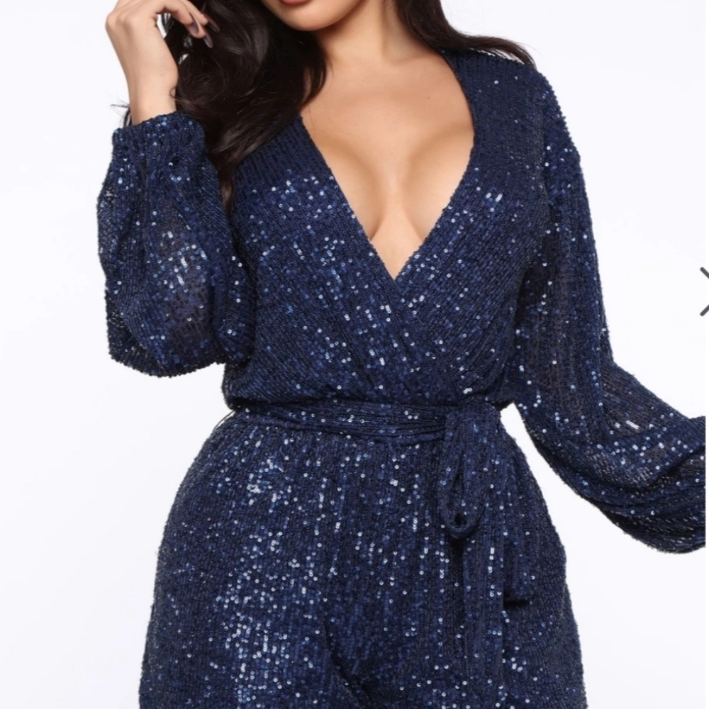 Navy blue sequin long sleeved romper Size Large